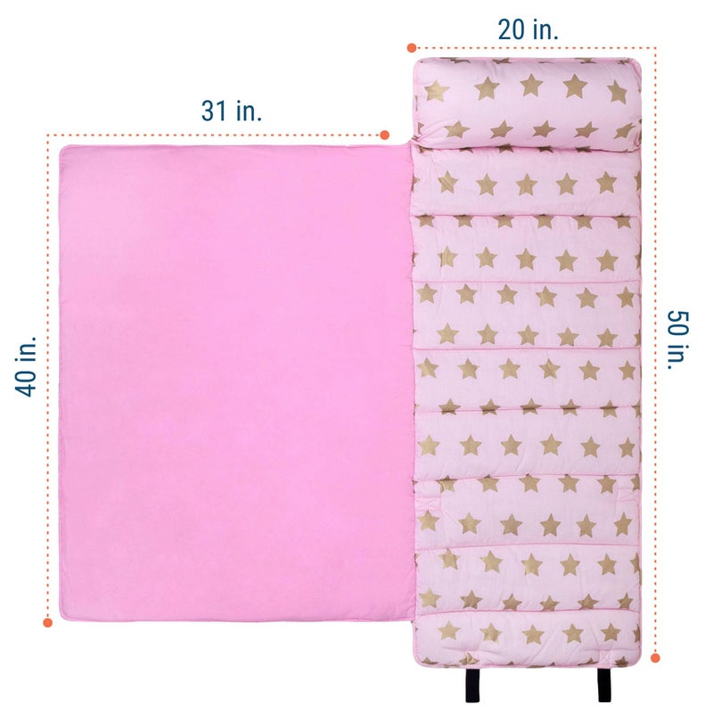 Wildkin Kids Original Nap Mat â€“ Cozy Kids Sleep Mat with Pillow, Ideal for School & Travel - Pink and Gold Stars - Image 5